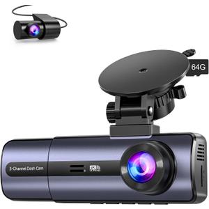 3-Channel 4K Dash Cam with WiFi, 4K+1080P+1080P Front/Inside/Rear, Night Vision, Parking Mode, 64GB Card Included