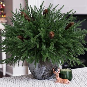 Christmas Norfolk Pine Stems, 12PCS Real Touch Faux Cedar Pine with 5PCS Big Pine Cones Branches, Artificial DIY Greenery Stems Plastic Picks for Vase Indoor Outdoor Home Garden Décor