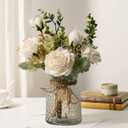 YJ Fake Flowers with Vase, Silk Roses Artificial Flowers in Vase, Faux Flower Arrangement with Vase, Suitable for Home Office Decoration, Dining Table Centerpiece, (White)