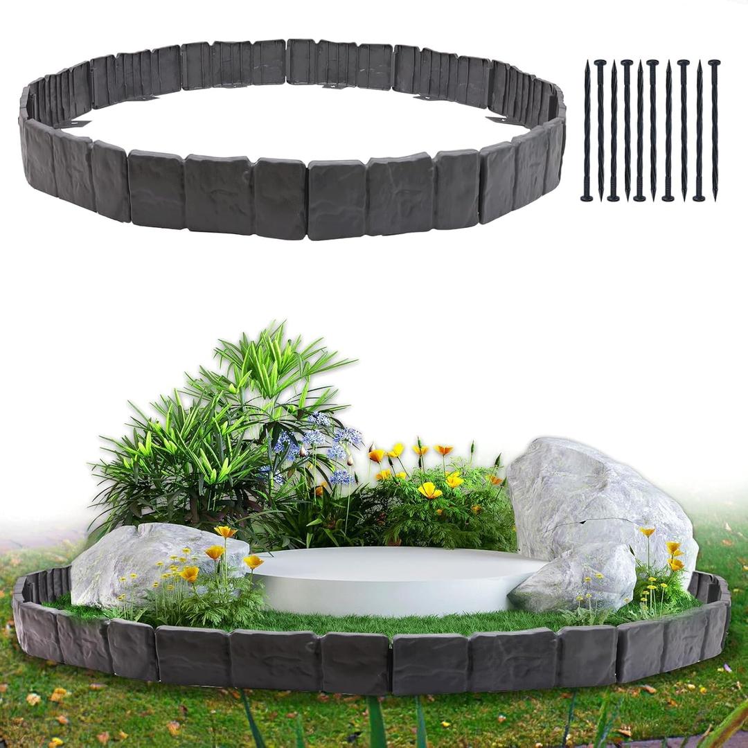 Garden Edging Border, 16FT Landscape Edging Borders for Flower Beds, Imitation Stone Effect Garden Lawn Border Faux Stone Landscape Edging and Plastic No Dig (20Pcs, Grey)