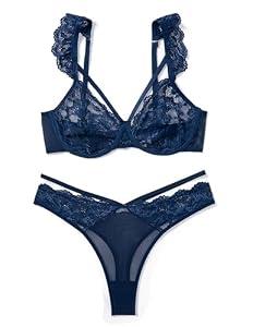 Avidlove Lace Ruffle Two Piece Lingerie Sets Women Wireless Breathable Bra and Thong Sets, Navy Blue, XL