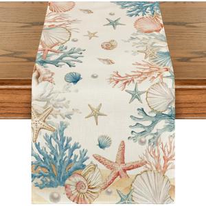 Artoid Mode Starfish Coral Shell Pearl 210 GSM Summer Table Runner, Seasonal Kitchen Dining Table Decoration for Home Party Decor 13x72 Inch