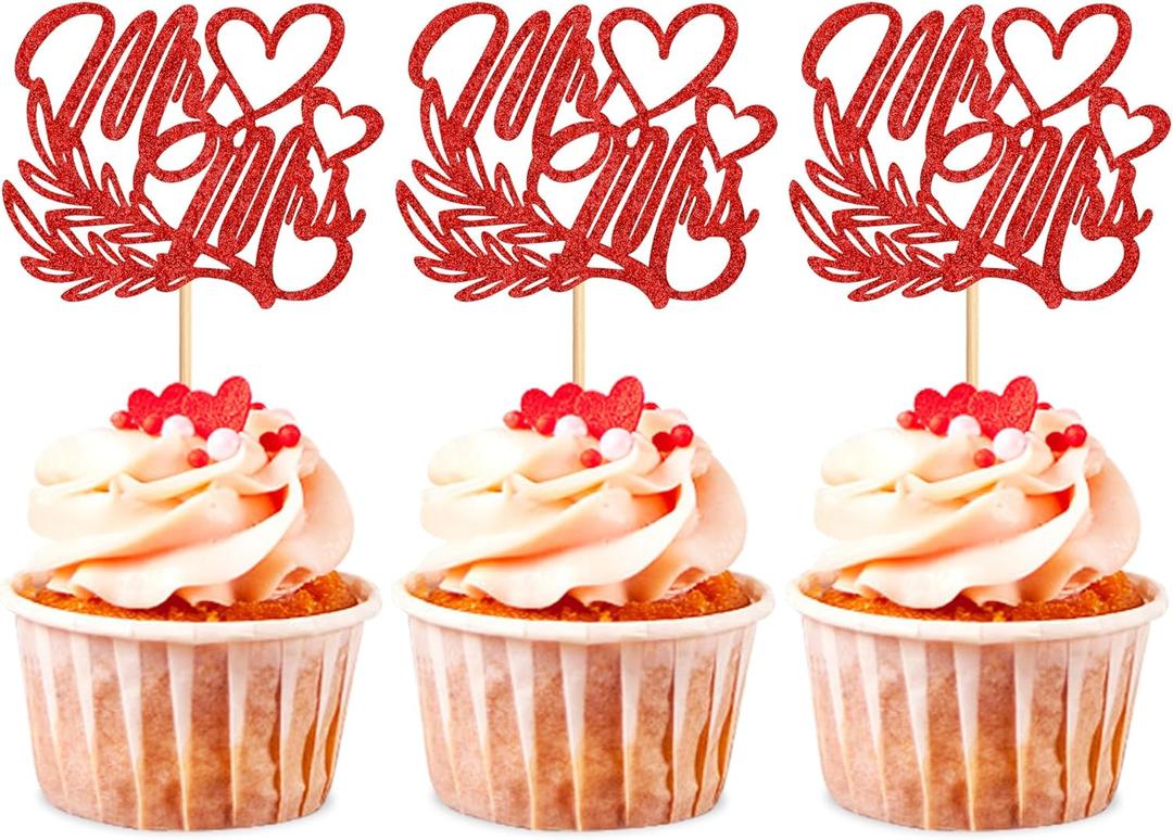Ercadio 24 Pack Valentines Day Mr &Mrs Cupcake Toppers Red Glitter Mr&Mrs Cupcake Picks Valentines Day Cake Decors for Wedding Bridal Shower Valentines Party Cake Decor Supplies (Pattern 3 Red)
