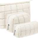 3 Pcs Puffy Makeup Bag Quilted Cosmetic Pouch for Women Cute Checkered Travel Toiletry Bag Puffer Makeup Organizer Purse Pouch Preppy Pencil Case with Zipper (White)
