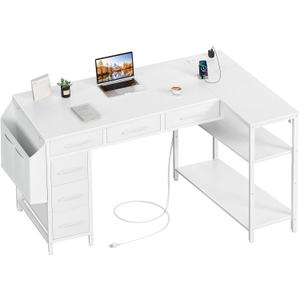 Lufeiya White L Shaped Desk with Drawers - 48 Inch Corner Computer Desk with Shelves Storage, Reversible L-Shaped PC Desks with Power Outlet for Home Office, Bed Room, Writing Workstation