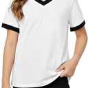 Poroka Girls Short Sleeve Shirt V-Neck Tee with Ribbed Trim Plain T-Shirts Soft Fashion Summer Tops for Girls, 7-14 Years (White)
