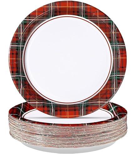Greencian 50Pcs Christmas Paper Plates 10" Large Disposable Red Black Gingham Paper Platters Christmas Plaid Dessert Plates for Winter Xmas Theme Party Supplies