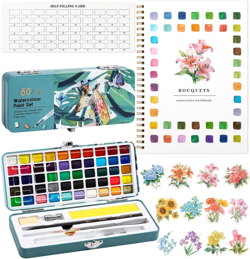 Watercolor Workbook, Water Coloring Book, 12 Different Patterns of Original DIY Designs, 50 Colors Watercolor Paint Set with Palette and Brush, Beginner-Friendly Watercolor Workbooks (Bouquets)