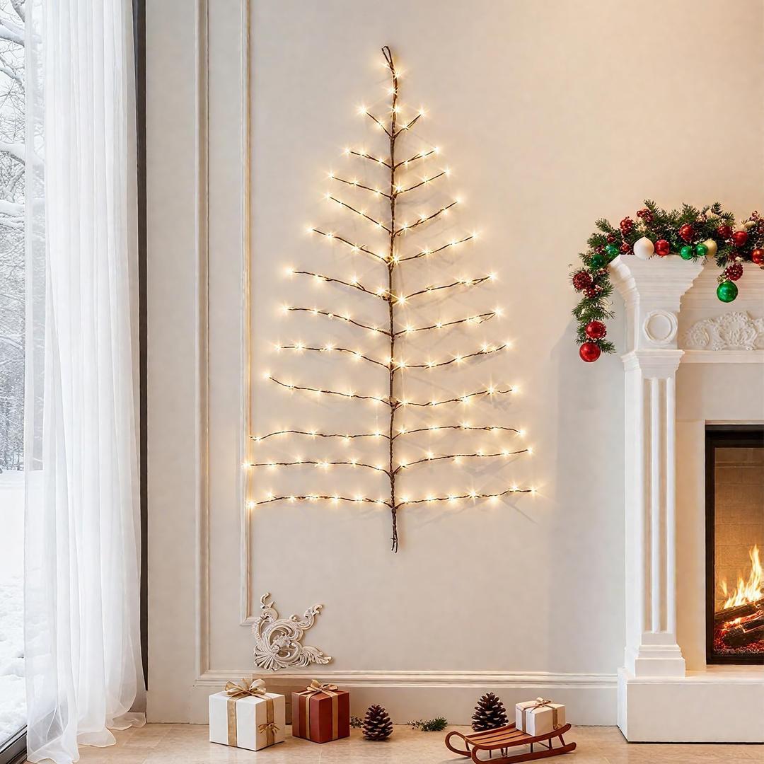 Hairui Lighted Brown Wall Tree 4FT 108 Warm White LED Lights for Home Fireplace Christmas Decoration Inside Outside