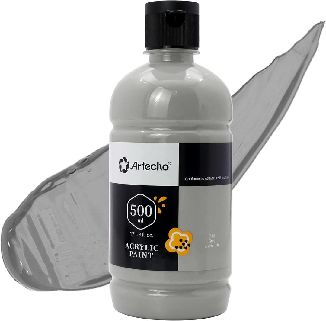 Artecho Grey Acrylic Paint - Large Bottle 500ml / 17oz, Craft Paint for Canvas, Rocks, Wood, Fabric, Ceramic, Non-Toxic