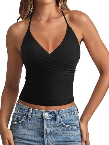 REORIA Women's Basic Cross Wrap V Neck Backless Double Lined Halter Tank Tops Cute Summer Trendy Sleeveless Shirts S