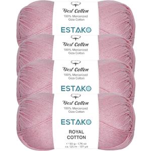 Estako Royal Cotton, (4 Skeins Pack) 100% Mercerized Giza Cotton Yarn, Soft, Super Fino for Crochet and Knitting (4 x 1.76 Oz) / (4 x 137 Yrds) (5096 - Baby Pink)