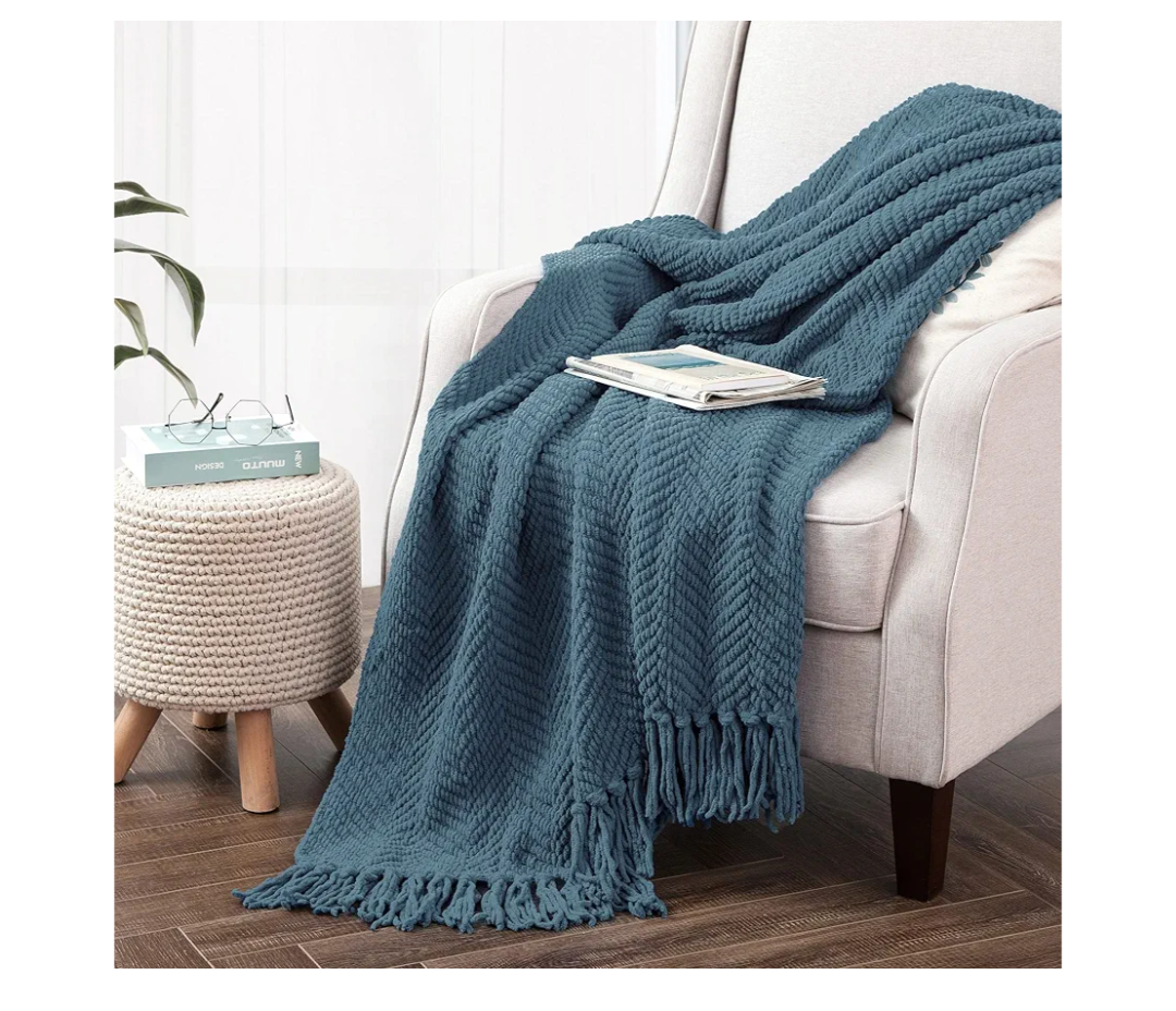 Throw Blanket for Couch Soft Knitted Textured Couch Cover Tweed Blanket with Fringe Tassel for Home Décor Bed Sofa Chair, 50" x 60", Night Blue