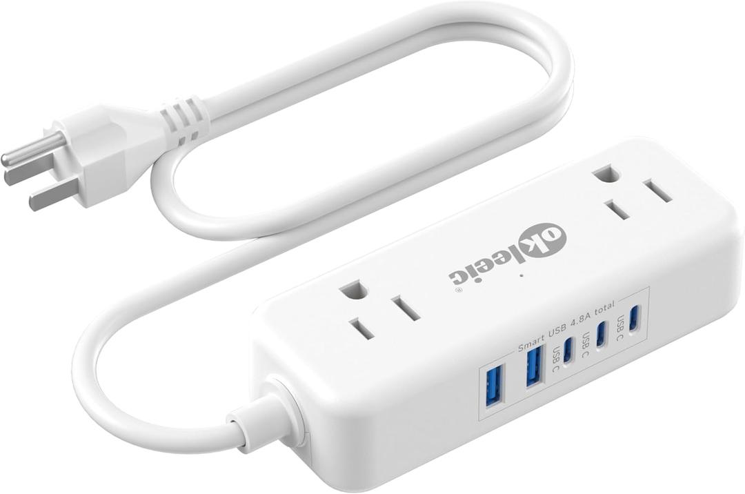 Short Extension Cord 2 Foot - Appliance Surge Protector Small Power Strip, 14 Gauge Heavy Duty Extension Cord with 4 Outlets 5 USB, High Wattage for Microwave, Workbench, Kitchen, Garage Must Have, White