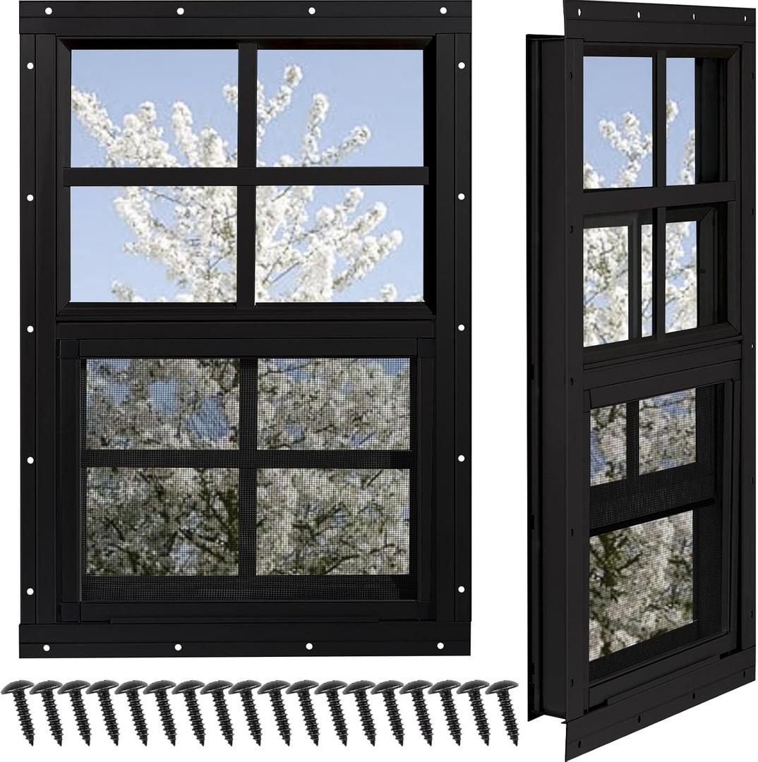Shed Windows 2 Pack, Chicken Coop Windows 14" x 21" with Tempered Glass and Fiberglass Screen, Flush Mounted Small Window for Shed, Barns, Playhouse, Household, Garage (Black)