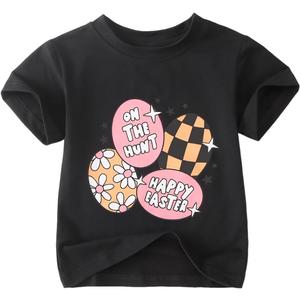 Toddler Easter Shirt for Baby Girls Happy Easter Eggs T-Shirt Short Sleeve Funny Floral Print Graphic Tees Tops (18-24 Months, Black)