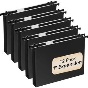 Plastic Hanging File Folders Letter Size,12 Pack Reinforced 1" Expanding Heavy Duty Hanging Organizer Files,Black Hang Folders with Tabs,Durable Filing Cabinet Folders for Office School Home