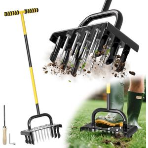 2 in 1 Lawn Aerator Tool  Manual Grass Aerator Tool for Soil Aeration Heavy Duty Core Aerator Lawn Tool with 18 Rust-Proof Steel Spikes Yard Maintenance for Home Garden