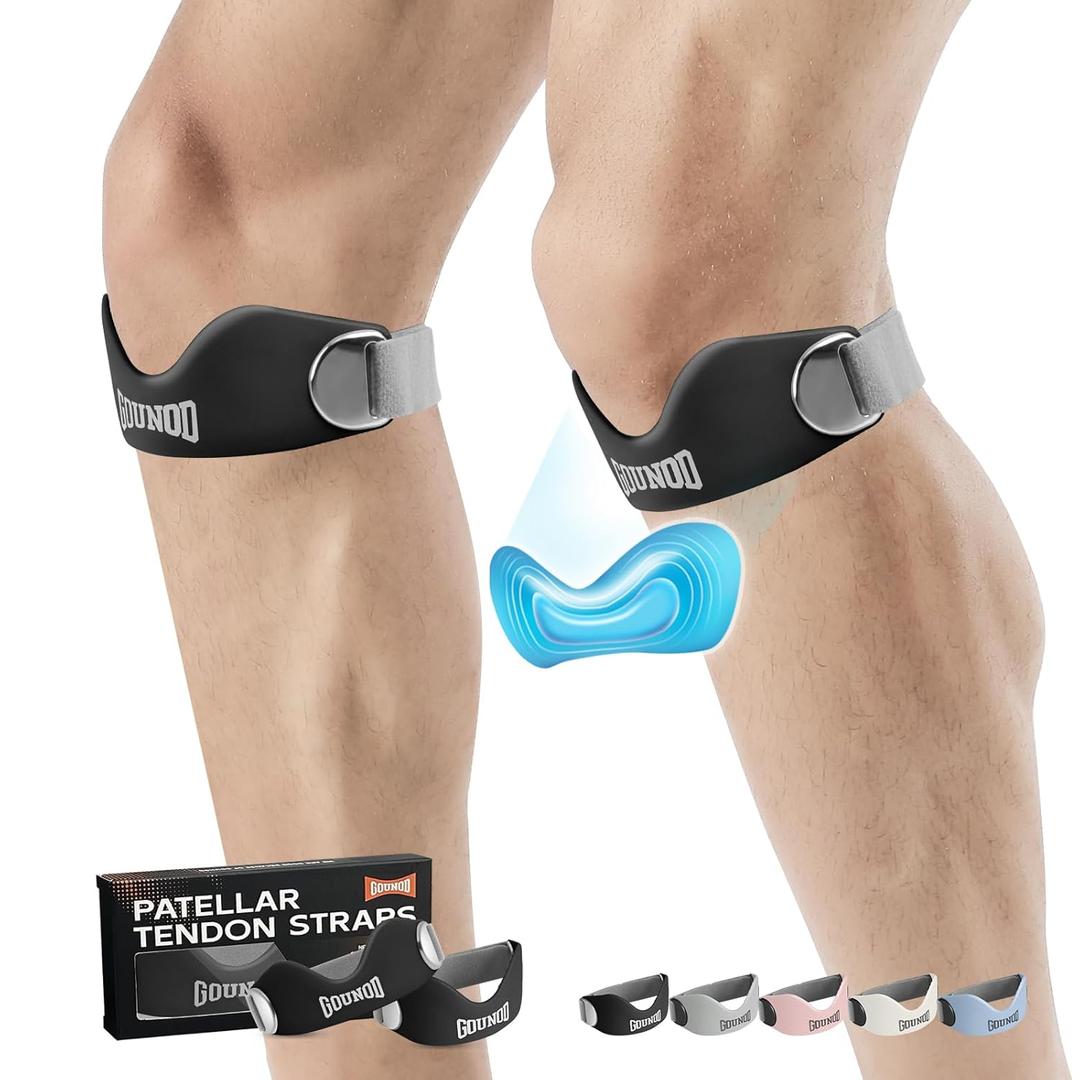 GOUNOD Silicone Patellar Tendon Support Strap 2 Pack, Knee Strap for Knee Pain Relief, Patella Band for Basketball, Jumpers Knee, Tendonitis, Running, Hiking, Soccer, Osgood Schlatter（Black-Grey）