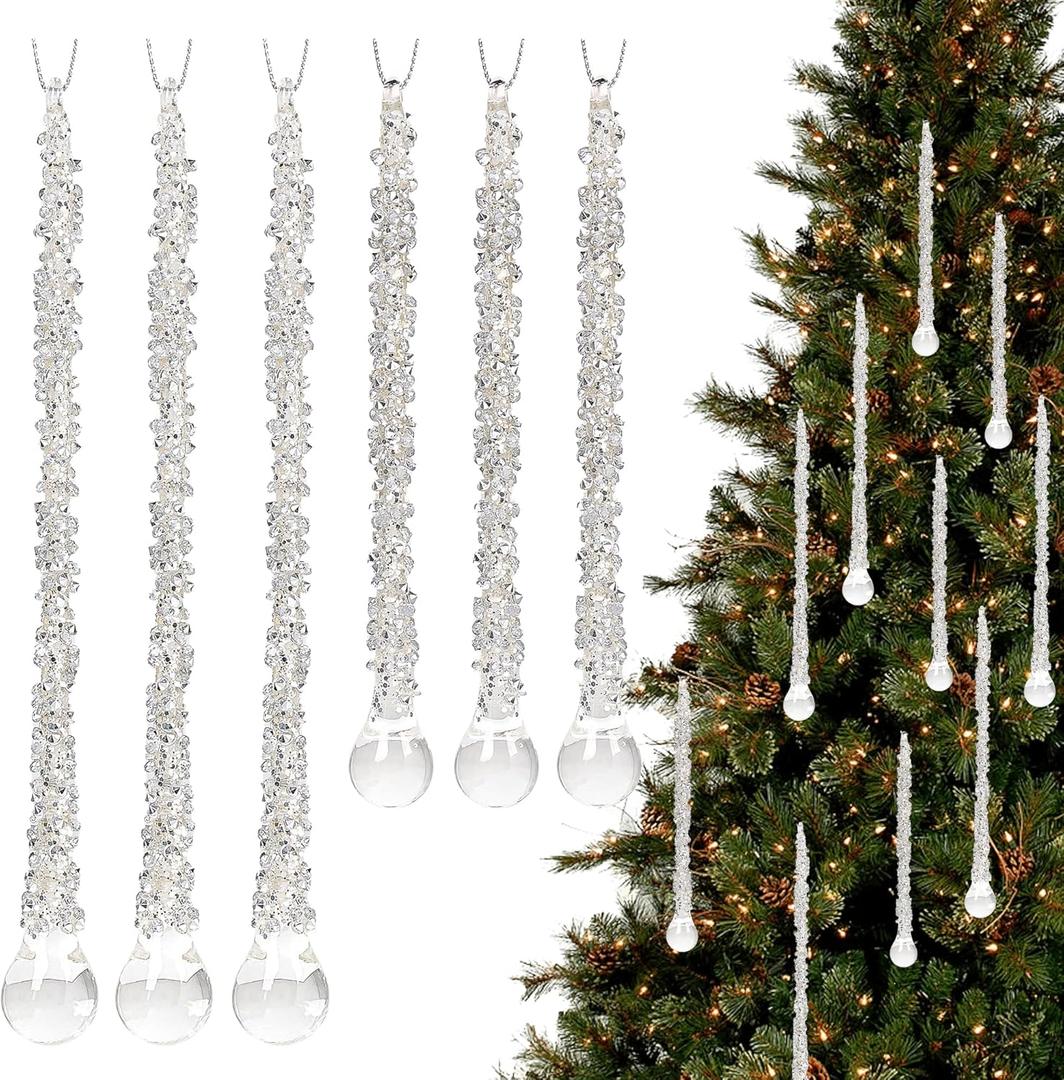 Set of 6 Glass Icicle Ornaments for Christmas Tree Silver Glass Water Final Drop Hangings with Rhinestone Decor for Winter Wedding Party