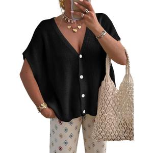 PRETTYGARDEN Womens 2026 Summer Oversized Cardigans Batwing Short Sleeve Lightweight Button V Neck Casual Knit Sweater Tops (Black, Large)
