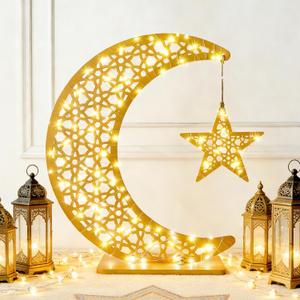 26 x 24 inch Ramadan Crescent Moon Decor, Eid Crafts Light Ramadan Moon Lamp Table Decor with LED Star Eid Ornament Gift for Home,Table, Party Mubarak Eid Decor