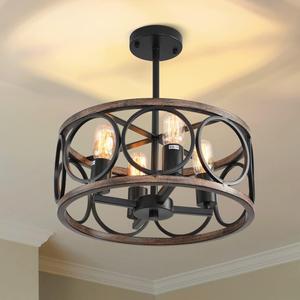 Light Fixtures Ceiling Mount,4-Lights Semi Flush Mount Ceiling Light Fixture,15.7" Black Dining Room Chandelier Rustic Drum Chandelier Pendant Light Fixture with Wood Grain Finish for Kitchen