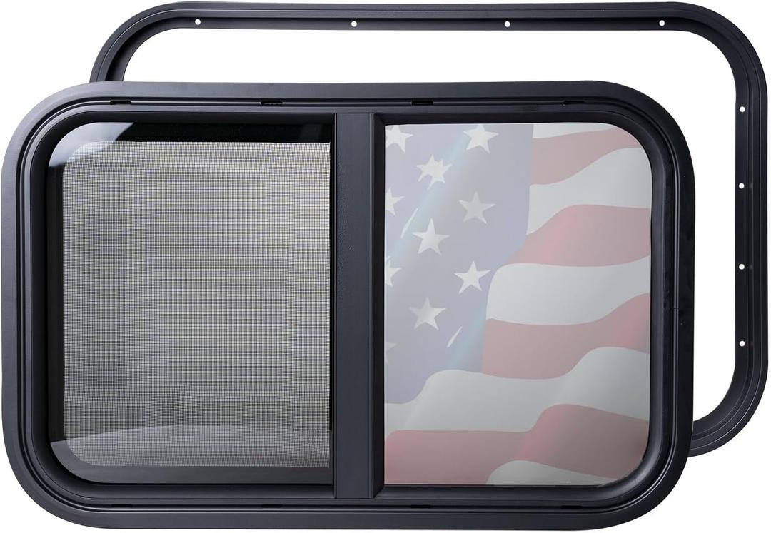 24"x15" RV Sliding Window - Horizontal Teardrop Style, DOT-Certified Tempered Glass & Trim Kit, Aluminum Alloy Frame w/Mesh Screen