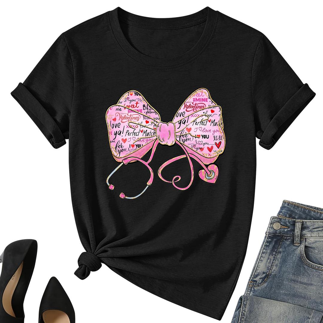 Valentines Nurse Shirt for Women-Valentines Day Bow Short Sleeves Funny Nursing School Tee Tops Black Medium