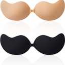 Sticky Bra, Backless Strapless Bra Push Up, Adhesive Invisible Lift Up Bras 2 Pairs (Beige, L)