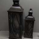 Glitzhome 2 Pack Farmhouse Wood/Metal Decorative Candle Lanterns Vintage Hanging Lantern for Patio - Tabletop, Black (No Glass)