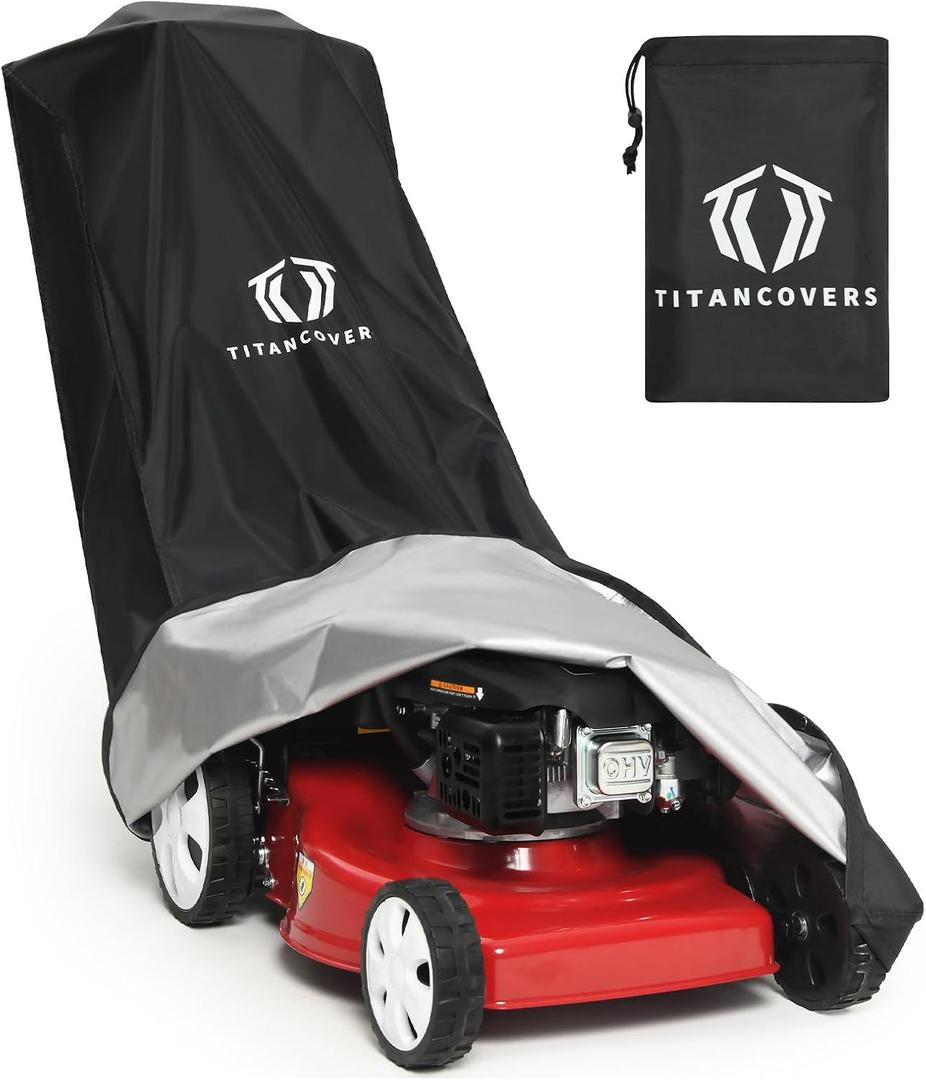 Lawn Mower Cover with PA Coating & Double Drawstring & Storage Bag, Heavy Duty 600D Polyester Oxford Push Mower Cover, Waterproof Lawnmower Covers for Outdoor