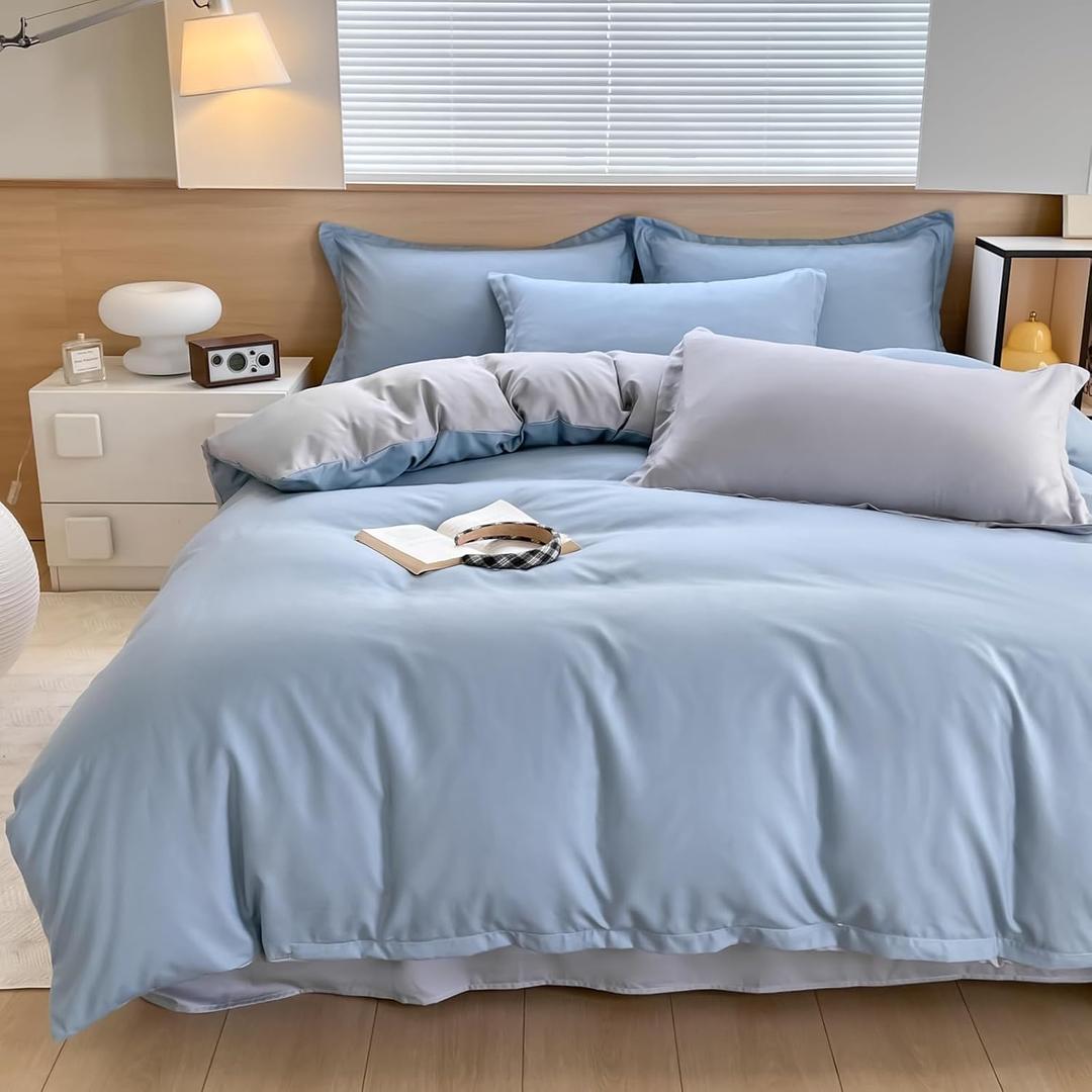 Queen Size 3-Piece Duvet Cover Set - Ultra Soft Brushed Washed Microfiber Bedding - 1 Comforter Cover & 2 Pillow Shams (Comforter Not Included) (Queen (90" x 90"), Ice Blue & Light Gray)