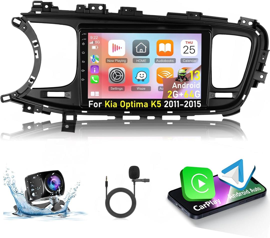 [2+64G] Android Car Stereo for Kia Optima K5 2011 2012 2013 2014 2015 with Wireless Carplay and Android Auto - 9 Inch Touchscreen Car Radio - Multiple UI Themes/GPS/WiFi/SWC + AHD Backup Camera