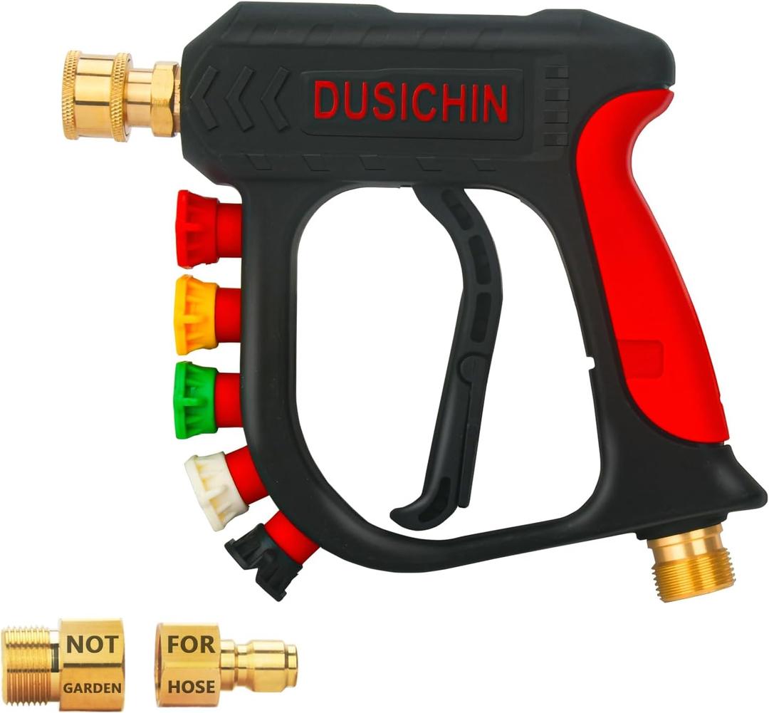 DUSICHIN Pressure Washer Short Wand High Power Spray Gun 5 Nozzle Tips Car Wash Foam Gun Foam Cannon Attachment 1/4" Quick Connector Outlet,3/8'' M22-14mm M22-15mm Fitting,Not Use with Garden Hose