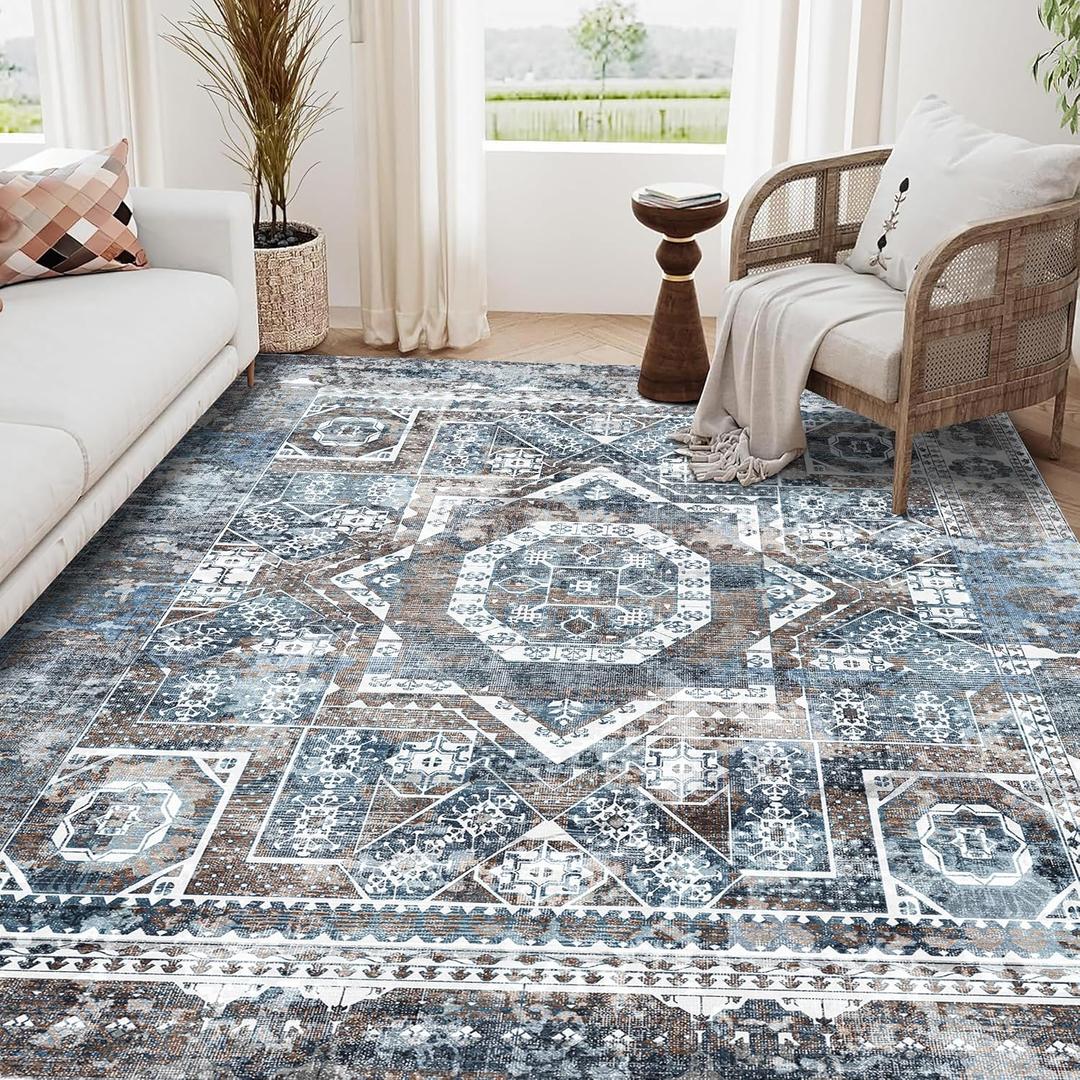 Machine Washable Rug 4' x 6' Vintage Design Area Rugs with Non Slip Rugs for Living Room Bedroom Carpet Stain Resistant, Home Decor Office Boho Rug, Navy Blue