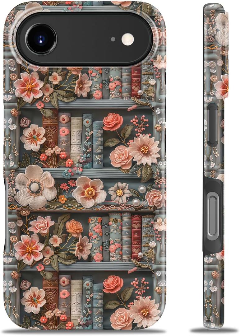 MERRO for iPhone Air Case - Wireless Charging Compatible - Dual-Layer Hard Shell & Silicone Cover - Protective Phone Case with Cute Wildflower Designs for iPhone 17 Air - Blossom Bookshelf Design