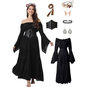 7 Pcs Halloween Medieval Renaissance Witch Dress for Women, Victorian Vintage Gothic Cosplay Fairy Costumes (Large, Black)