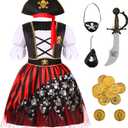 Kids Pirate Costume Girls Deluxe Buccaneer Dress Set for Halloween Party Dress Up, 5-7yrs