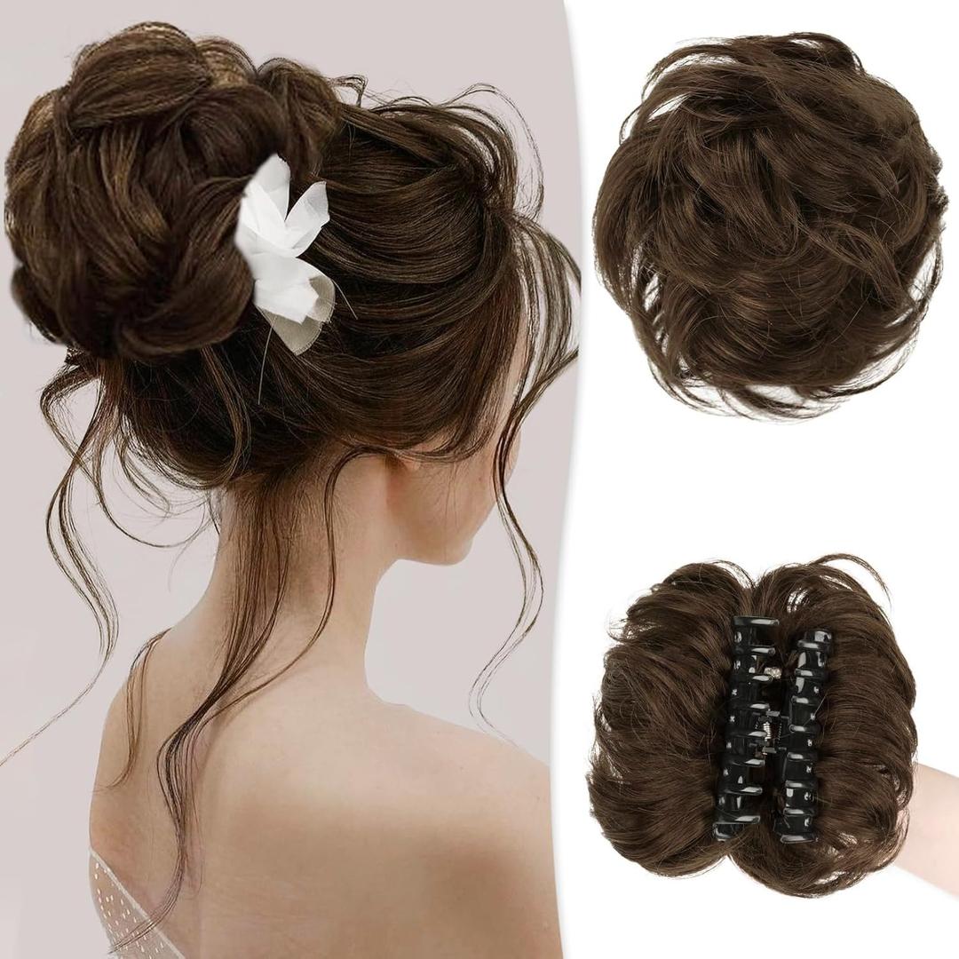 RUWISS Claw Clip Messy Bun Hair Piece Real Human Hair Buns Wavy Curly Chignon Hair Bun Extensions Tousled Updo Hair Buns Claw Clip Ponytail Hairpieces Medium Brown (40g)