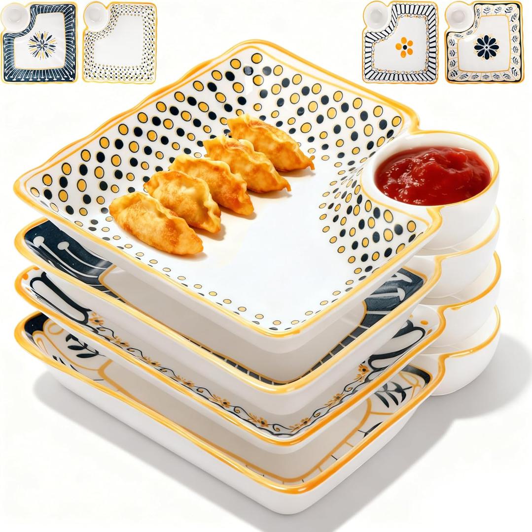4 Pack Dumpling Plate with Dipping Saucer, 7.5" Ceramic Japanese Sushi Platter, Colorful Square Serving Plate with Dish for Home Kitchen, Snack Dessert Salad Fries Fruit Gyoza