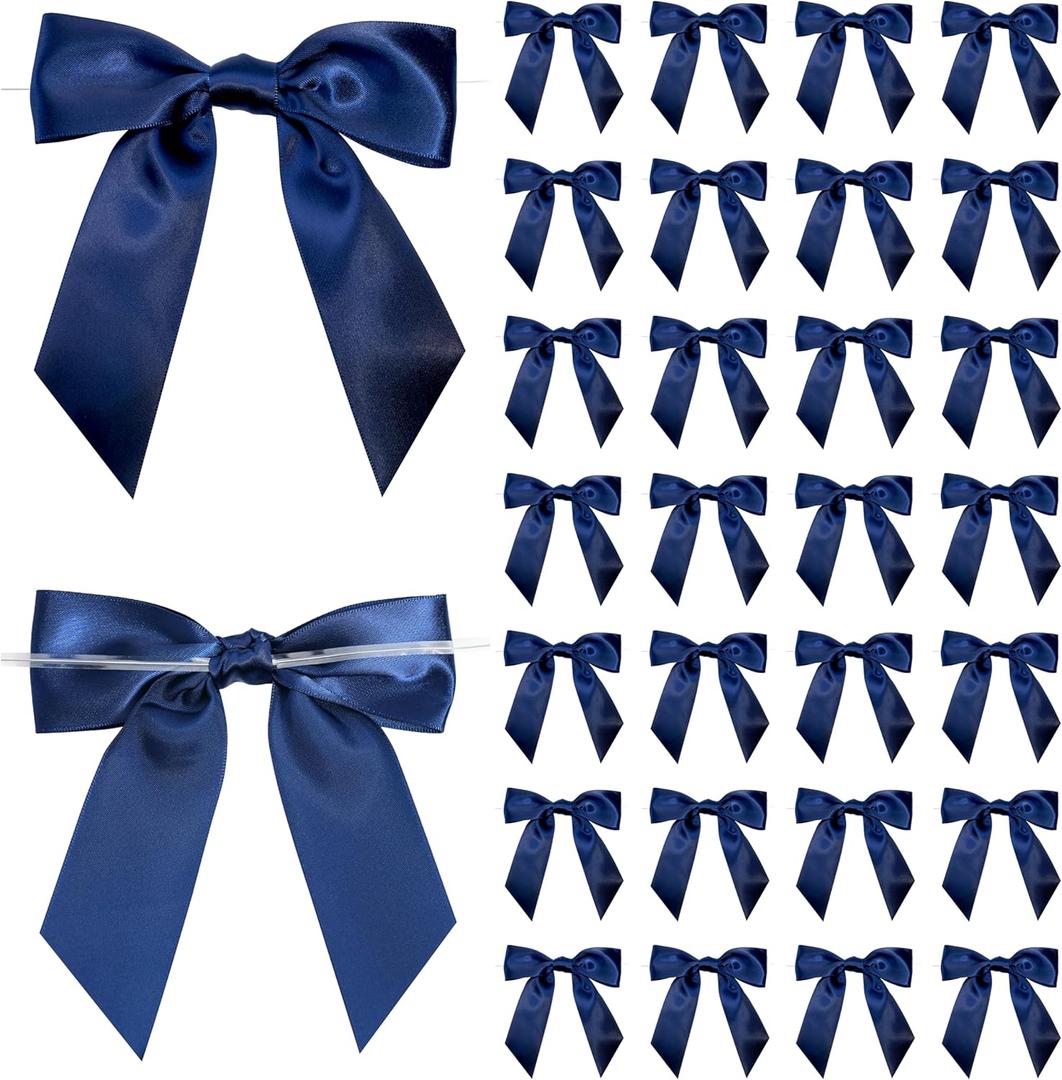 Navy Blue Satin Ribbon Twist Tie Bows 5 Inch Pre-Tied Blue Gift Bows for Crafts, Treat Bags, Party Favors, Wedding, Baby Shower, Candy Apple, Christmas Tree (36 Pack)