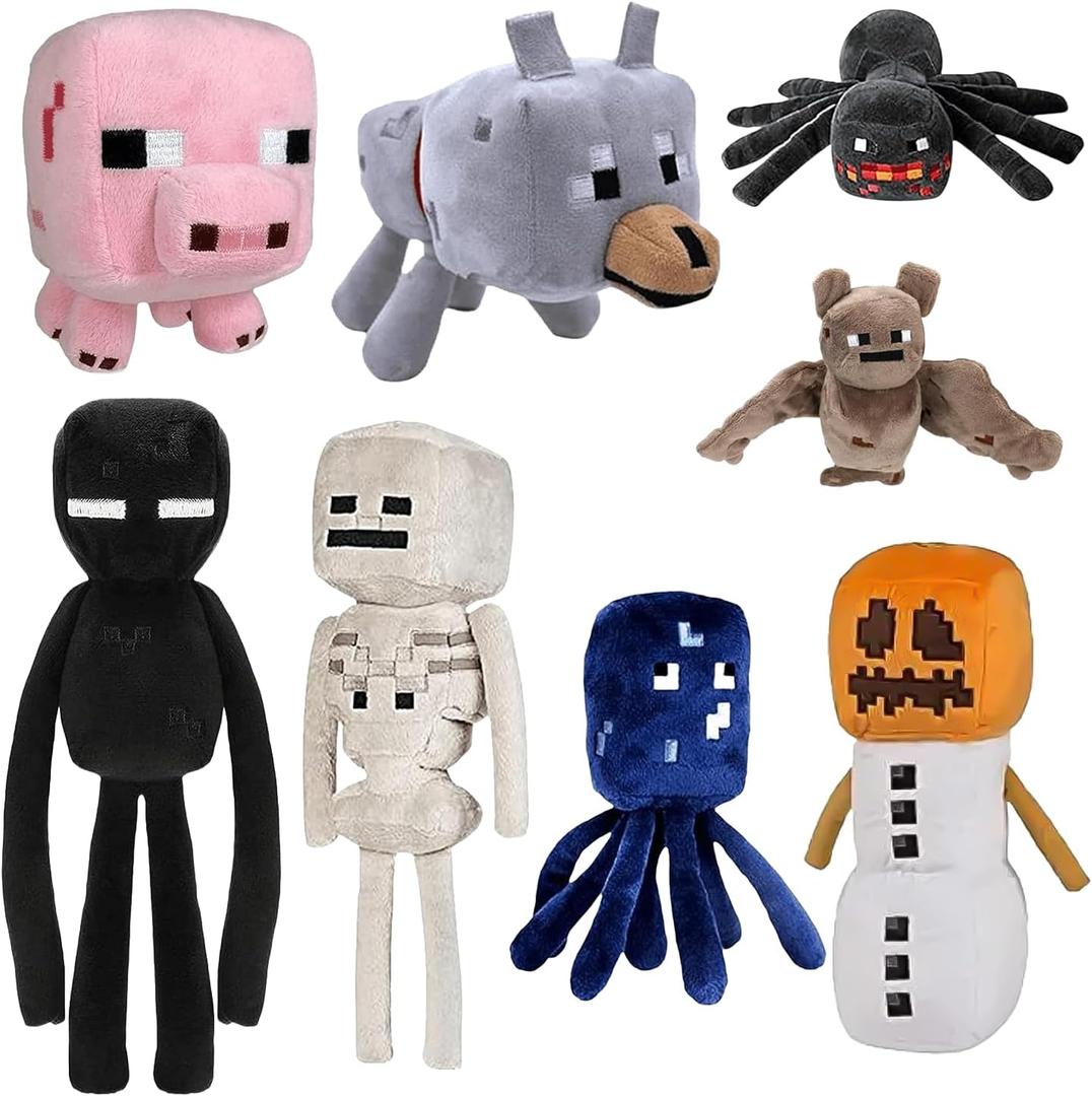 XSLWAN 8Pack Snow Golem Plush, Enderman Plush, Baby Wolf, Baby Pig, Spider, bat, Skeleton Shooter, Squid Stuffed Animals ToysGreat Gift for Children and Fans.