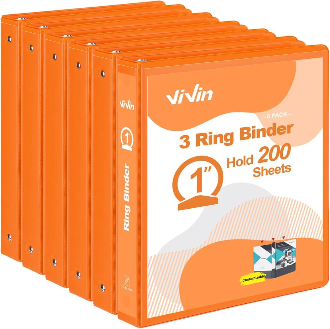 ViVin 1 Inch Round Ring View Binder for Durability, Standard 3 Ring Binder for 200 Sheets of US Letter Size Paper, PVC-Free, 6-Pack (Orange)