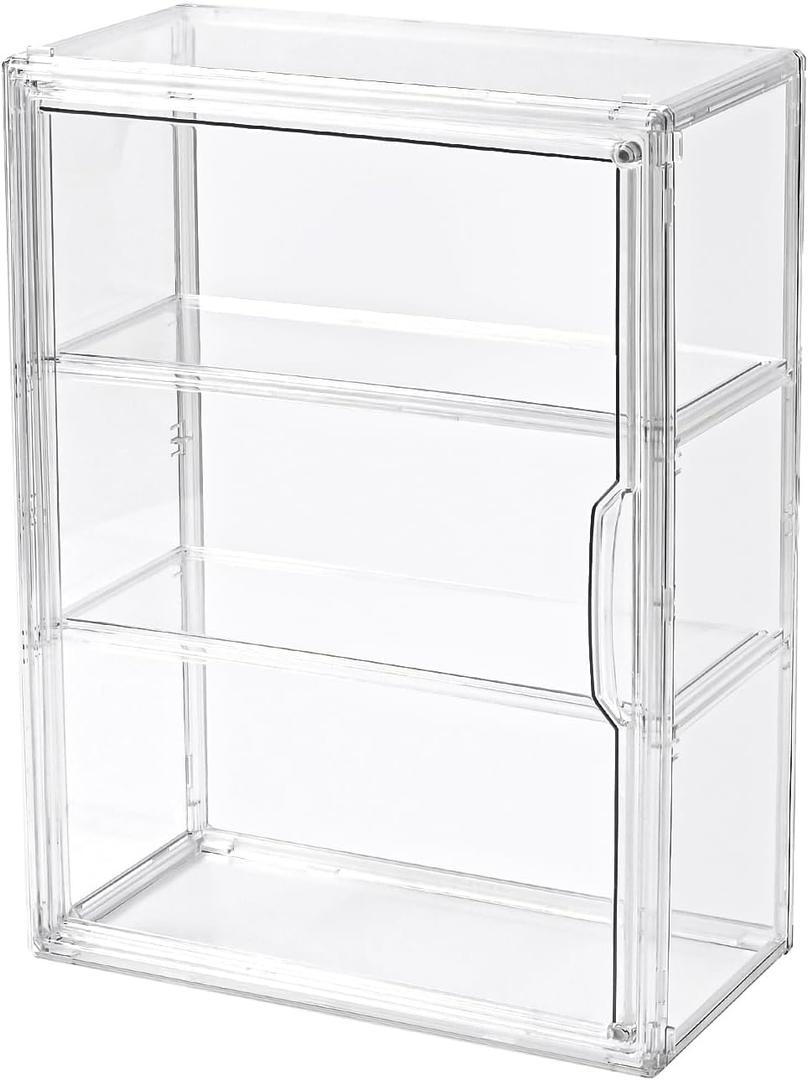 3 Tier Display Case for Collectibles,Clear Display Box with 2 Movable Plates ,Storage Container with Magnetic Door (Large 1 Pack)