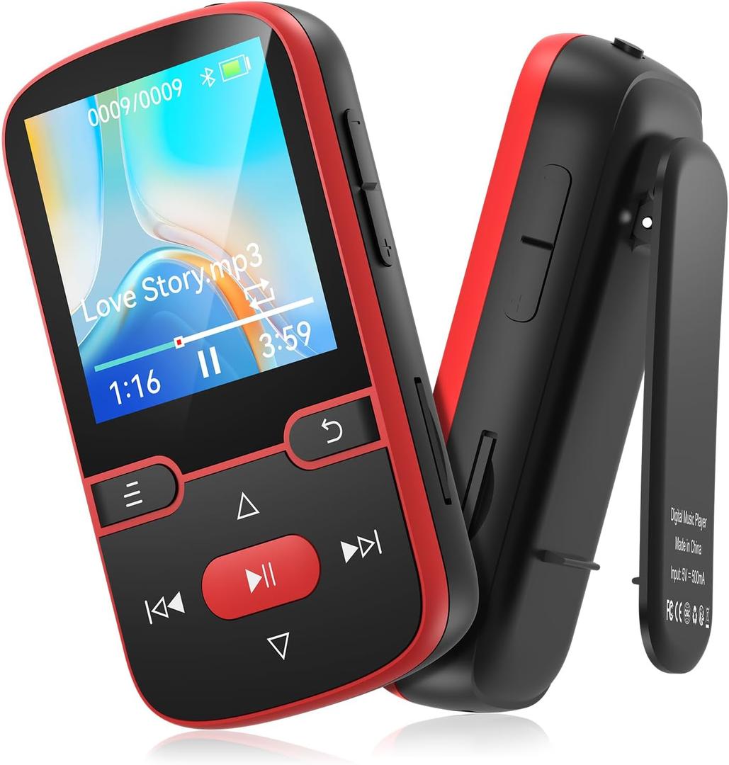 64GB MP3 Player Bluetooth 5.3 with Clip, HiFi Sport Music Player, 1.5 Inch Screen MP3 Player for Kids with Physical Buttons, FM Radio/Pedometer/Voice Recorder, Weighs Only 28g, TF Card Up to 128G(Red)