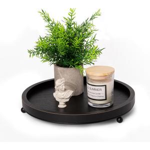 GENMOUS 12in Decorative Tray for Home Decor - Black Wood Iron Bead Round Tray for Coffee Table, Rustic Wooden Tray, Farmhouse Trays Centerpiece for Living Room, Kitchen Table Dining Decor