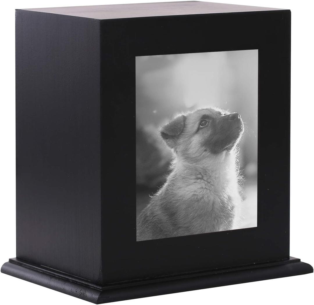 BRKURLEG Pet Wood Memorial Urn for Ashes,Photo Frame Keepsake Box for Cats Dogs,Funerary Caskets Supplies Burly Wood Cremation Urns with Acrylic Glass Photo Protector for Pet Lovers (Black)