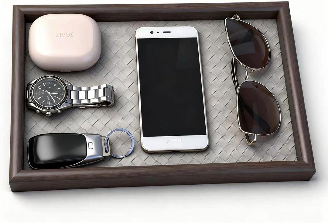 Zosenley Wooden Valet Tray with Leather Base - Nightstand Catchall Organizer for Cologne, Perfume, Keys, Wallet, Phone, Watch, Jewelry & Sunglasses (Llight Gray)