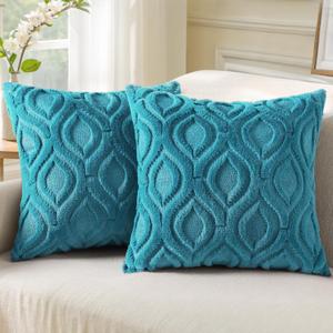 decorUhome Throw Pillow Covers 20x20 Inch Set of 2, Soft Plush Faux Wool Teal Solid Couch Pillow Covers, Accent Farmhouse Neutral Square Pillow Cases for Sofa Bed Living Room Home Decor
